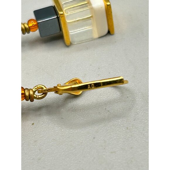 Vintage Gold Tone Art Glass Lever Back Earrings with Geometric Design - Picture 6 of 7